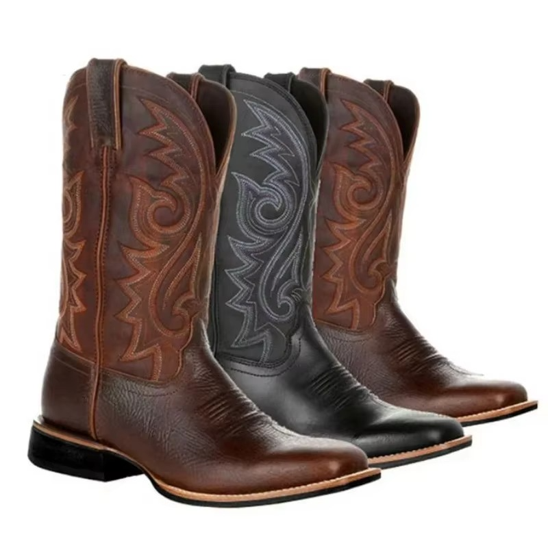 Rugged Genuine Leather Cowboy Boots - Black Brown