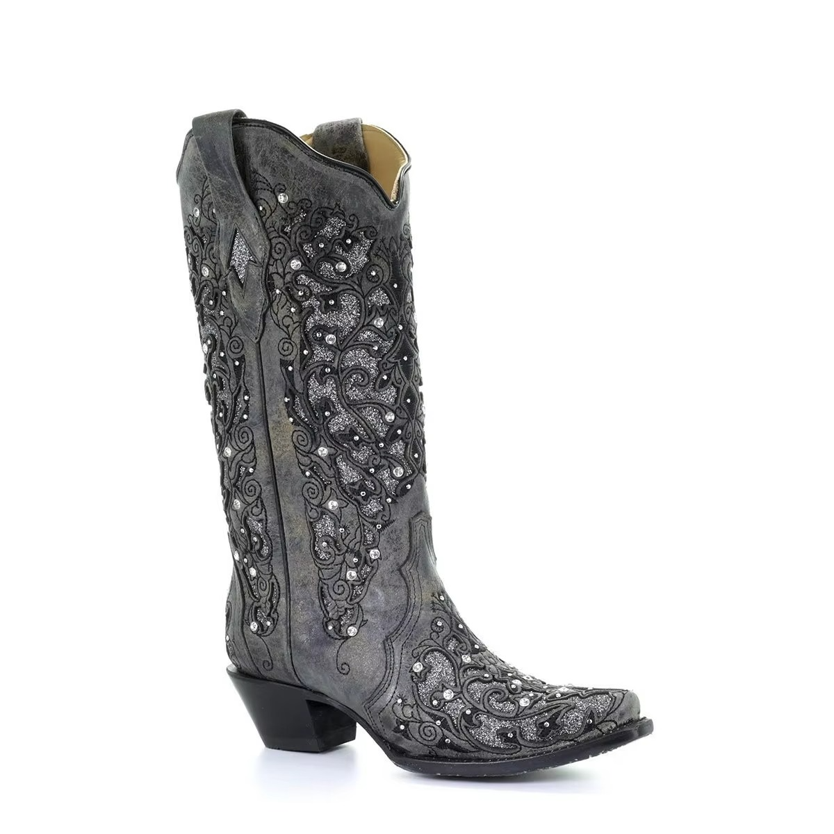 Glittery Vintage Pointy Toe Ankle Boots with Block Heel
