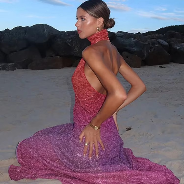 Shiny Sequined Ombre Halter Maxi Dress