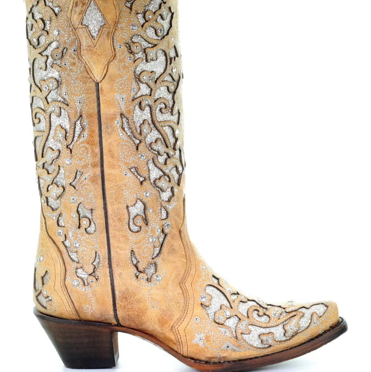 Glittery Vintage Pointy Toe Ankle Boots with Block Heel