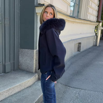 Warm Wool Hooded Ladies Coat with Removable Fur Trim