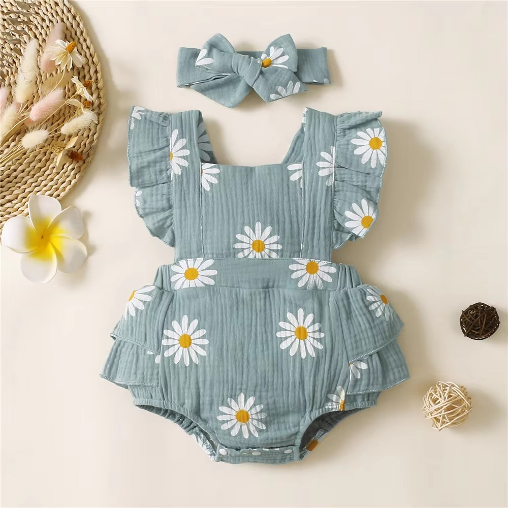 Cute Girls Floral Jumpsuit with Headband, Summer Romper Suit