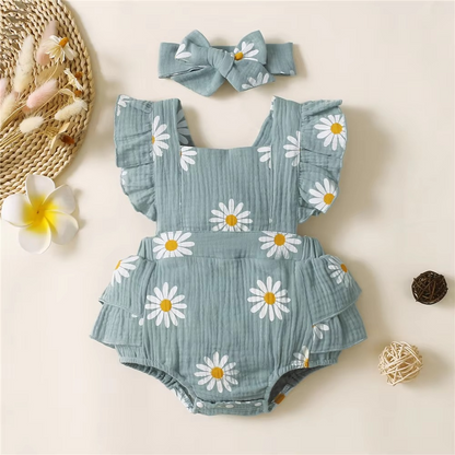 Cute Girls Floral Jumpsuit with Headband, Summer Romper Suit