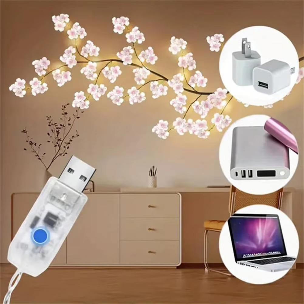 Pastel Pink Floral String LED Lamp with USB Charger