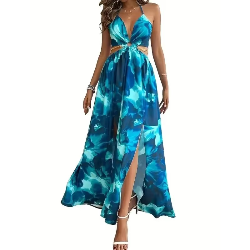 Beautiful Flower Backless Maxi Dress with Side Split - Hehif