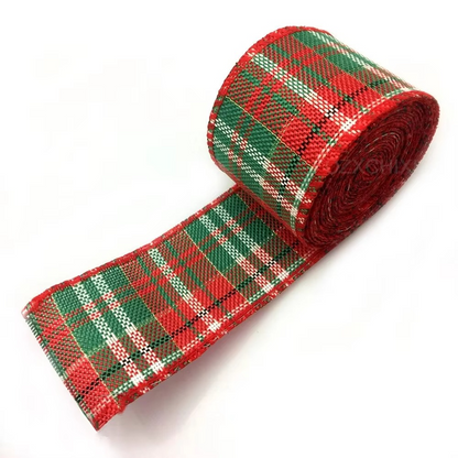 Holiday Plaid Ribbon, Red Green Snowflake Pattern, 6.5 Yards