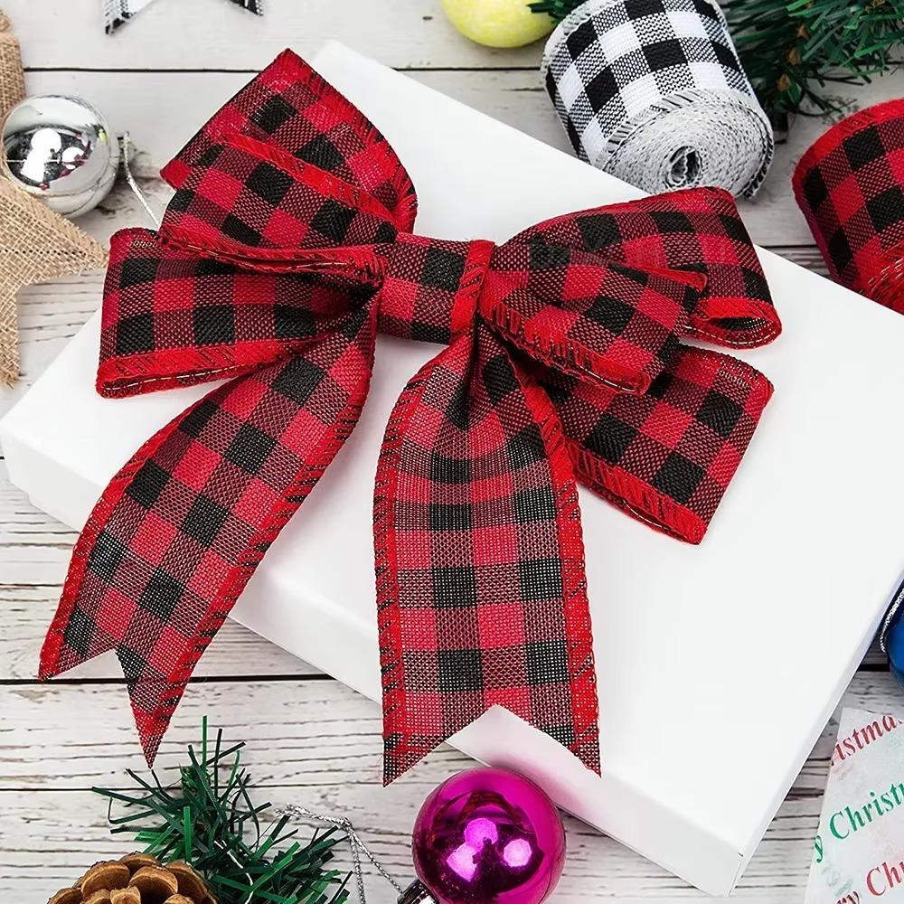 Holiday Plaid Ribbon, Red Green Snowflake Pattern, 6.5 Yards