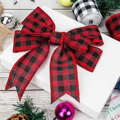 Holiday Plaid Ribbon, Red Green Snowflake Pattern, 6.5 Yards