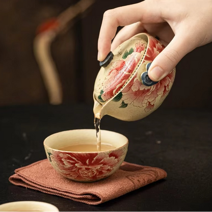 Colorful Floral Ceramic Tea Set with Teapot and Cups