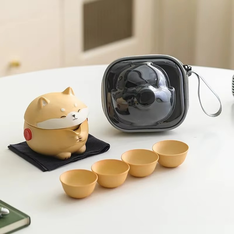 Compact Dog Theme Ceramic Tea Set for Travel