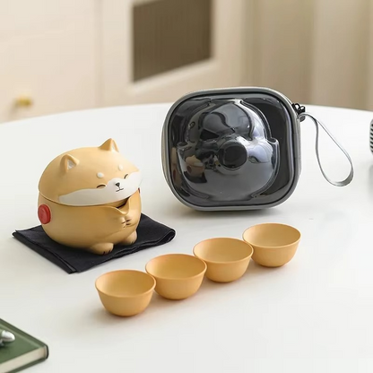 Compact Dog Theme Ceramic Tea Set for Travel