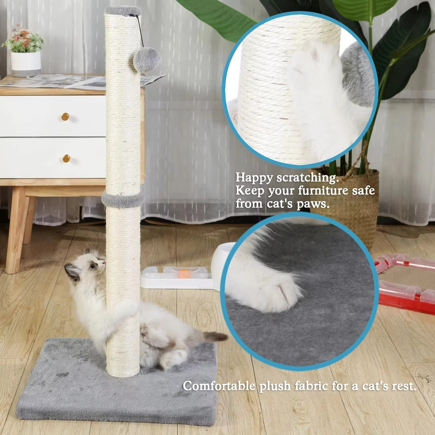 Natural Fiber Cat Tower with Hanging Toy