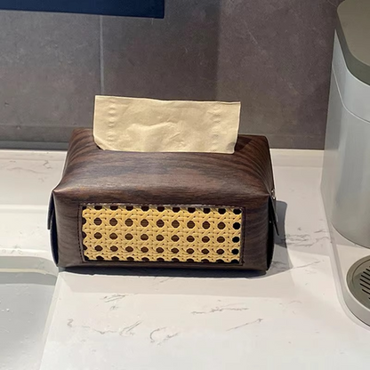 Classic Wooden Tissue Box with Carved Leather Detail