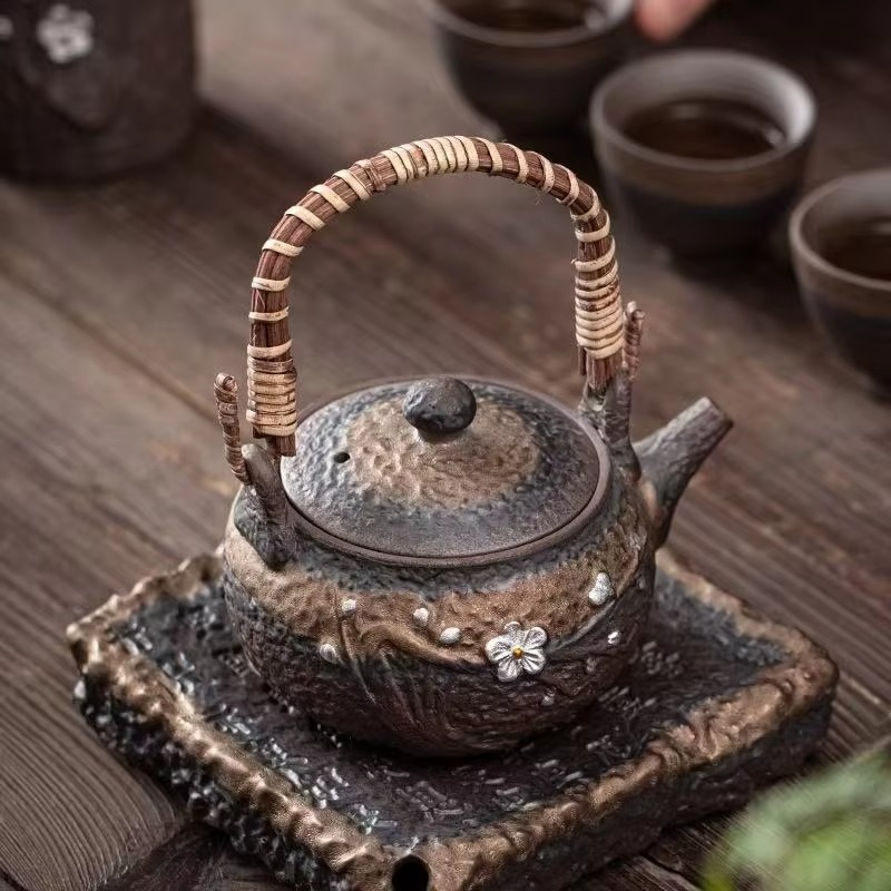 Traditional Asian Ceramic Tea Pot with Wooden Handle