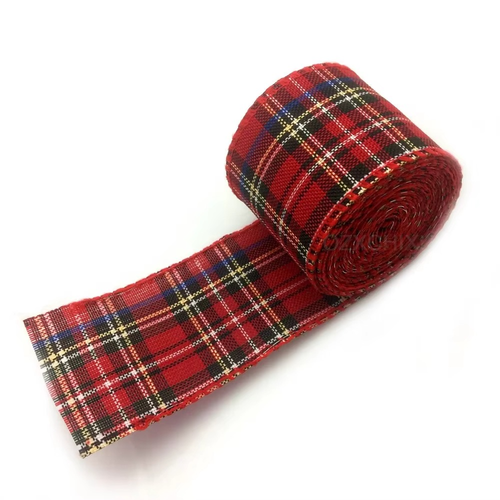 Holiday Plaid Ribbon, Red Green Snowflake Pattern, 6.5 Yards