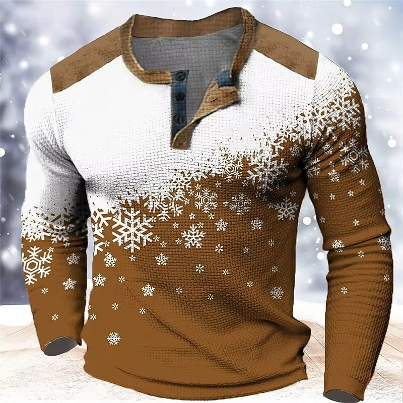Festive Winter Snow 3D Graphic Mens Henley Shirt