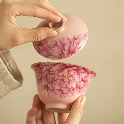 Chinese Ceramic Peony Tea Set with Lid