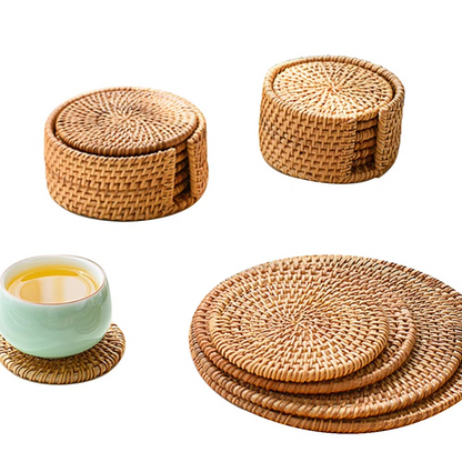 Rustic Bamboo Coaster Set with Storage, 6 Piece Protective Table Set