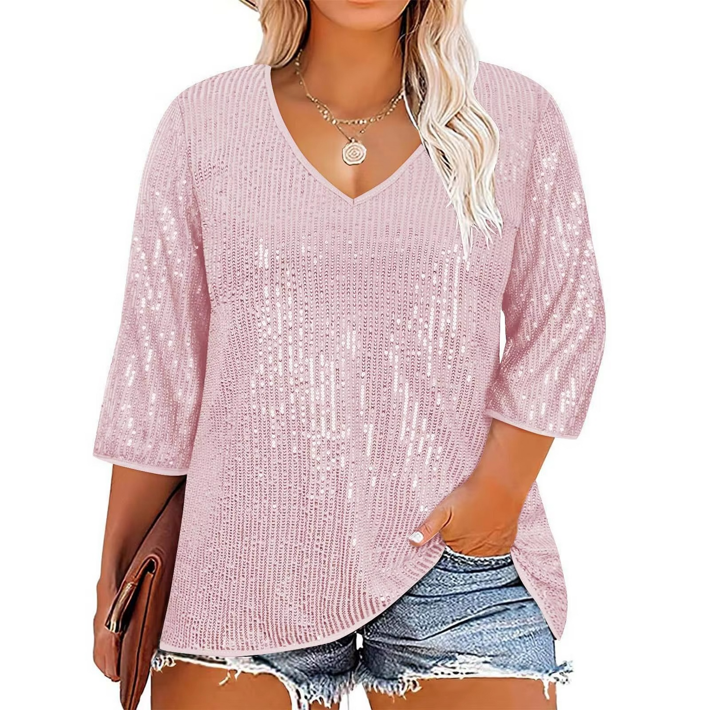 Comfy Oversized Glitter V Neck Long Sleeve Top - Hehif