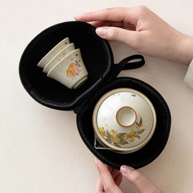Compact Porcelain Travel Tea Infuser Set with Fish Pattern