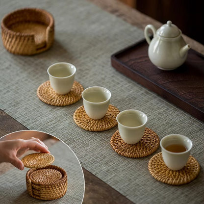 Rustic Bamboo Coaster Set with Storage, 6 Piece Protective Table Set
