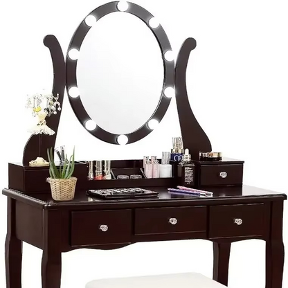 Illuminated Cosmetic Desk with LED Lighted Mirror and Storage