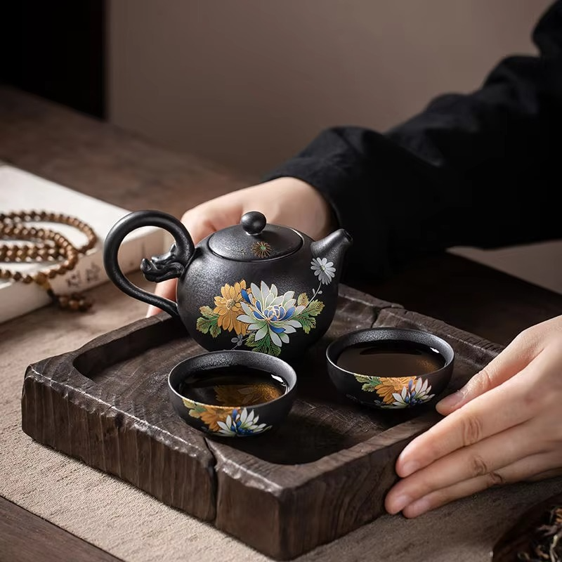 Unique Black Decorative Silver Rim Tea Cup - Hehif