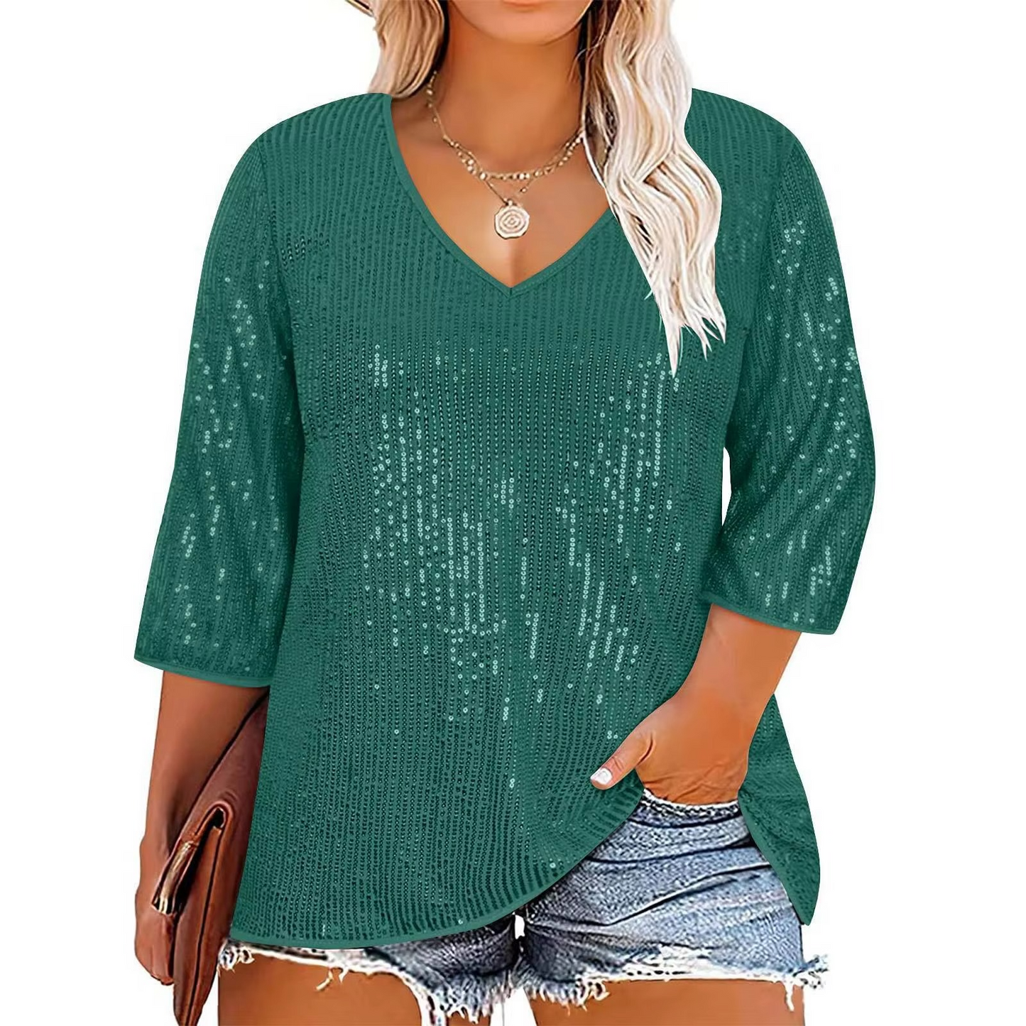 Comfy Oversized Glitter V Neck Long Sleeve Top
