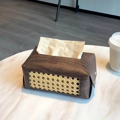 Classic Wooden Tissue Box with Carved Leather Detail