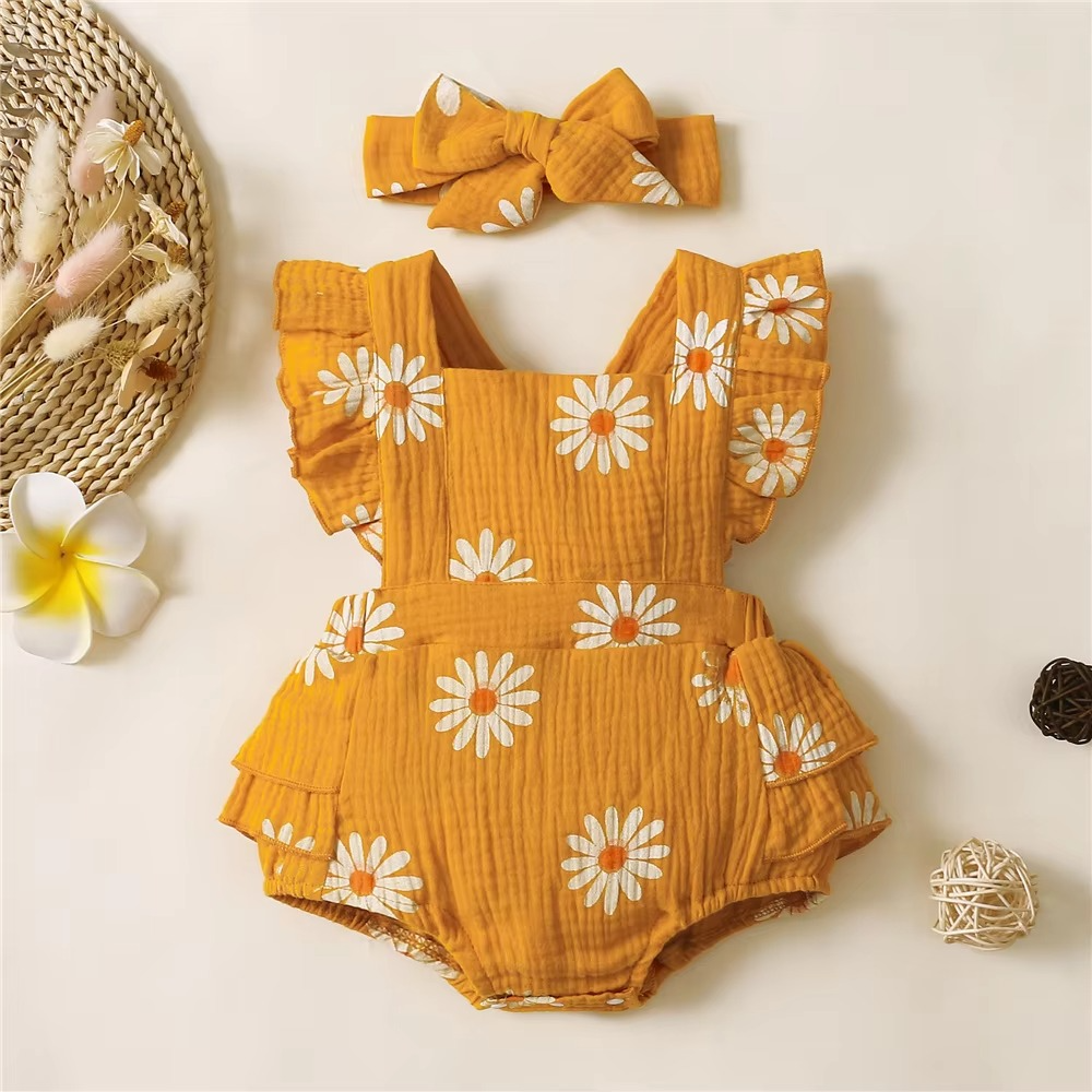 Cute Girls Floral Jumpsuit with Headband, Summer Romper Suit