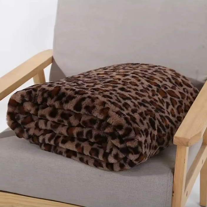 Faux Fur Leopard Pattern Plush Throw Blanket
