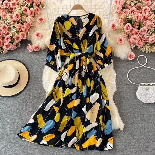 Elegant Flower V Neck Chiffon Midi Dress