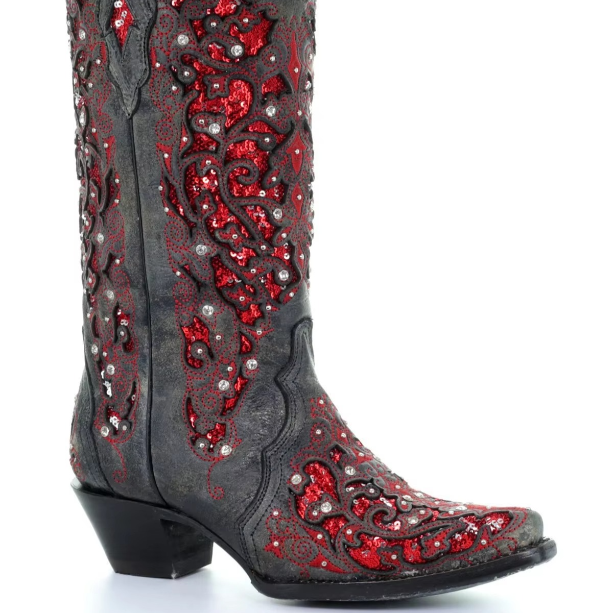 Glittery Vintage Pointy Toe Ankle Boots with Block Heel