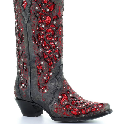 Glittery Vintage Pointy Toe Ankle Boots with Block Heel