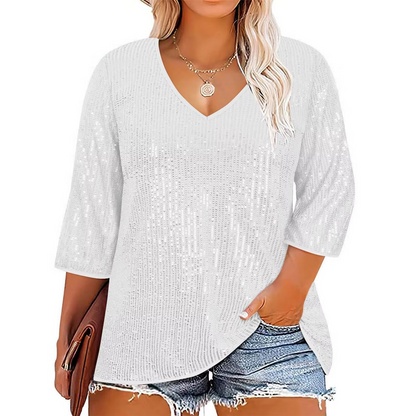 Comfy Oversized Glitter V Neck Long Sleeve Top