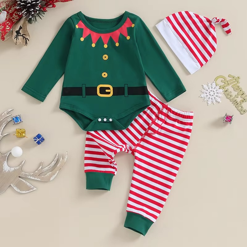 Soft Baby Holiday Romper Set with Stripe Pants and Hat
