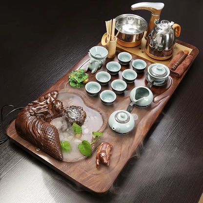 Traditional Bamboo Tea Serving Set with Ceramic Cups