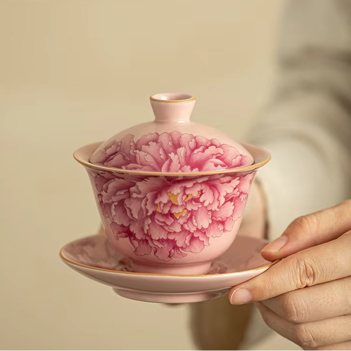 Chinese Ceramic Peony Tea Set with Lid