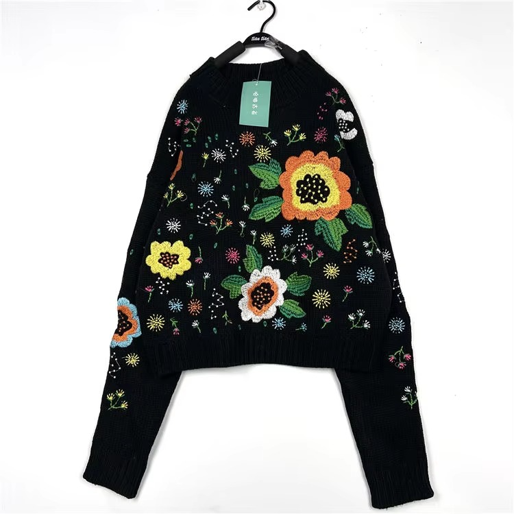 Classic Floral Embroidered Cozy Knit Sweater