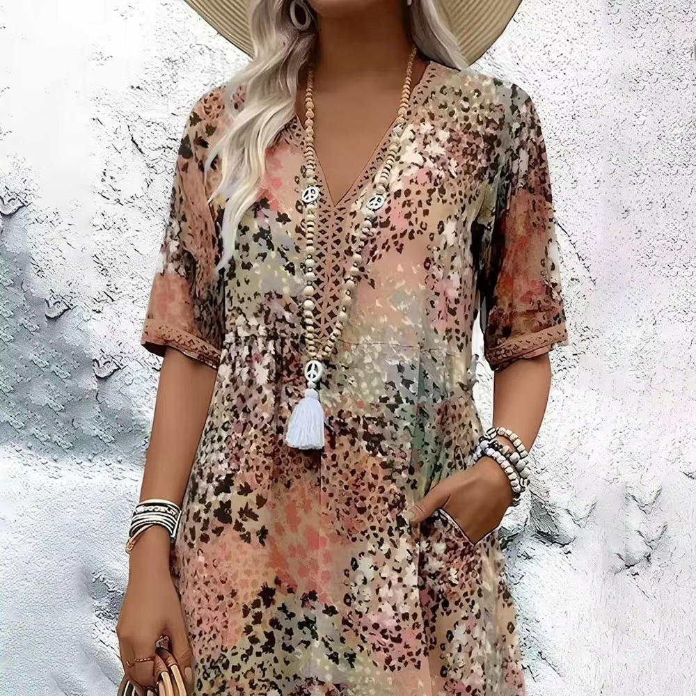 Trendy Animal Print Long Dress - V Neck & Capsule Sleeve - Hehif