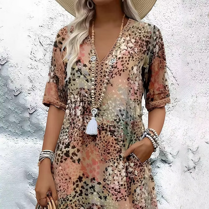 Trendy Animal Print Long Dress - V Neck & Capsule Sleeve - Hehif