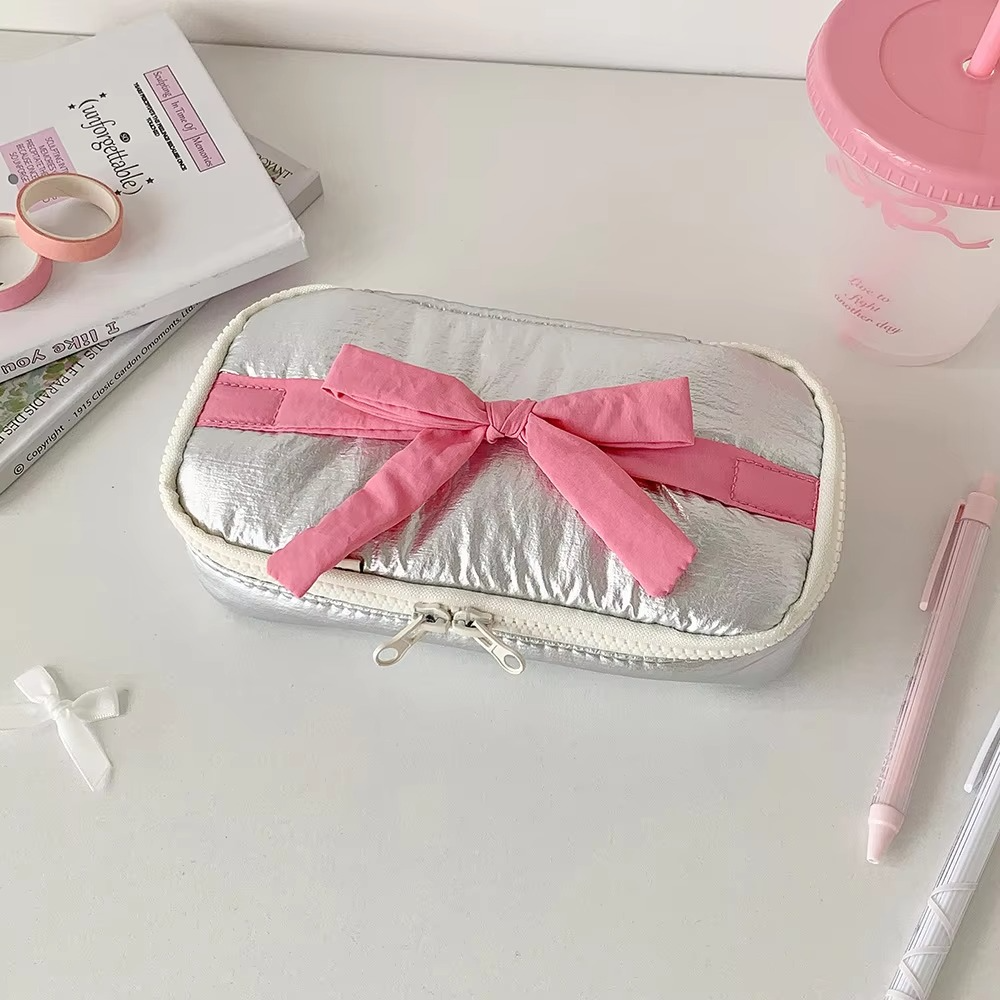Simple Korean Cotton Pencil Bag with Ribbon Detail