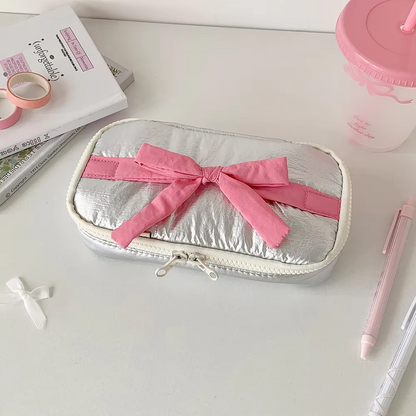 Simple Korean Cotton Pencil Bag with Ribbon Detail