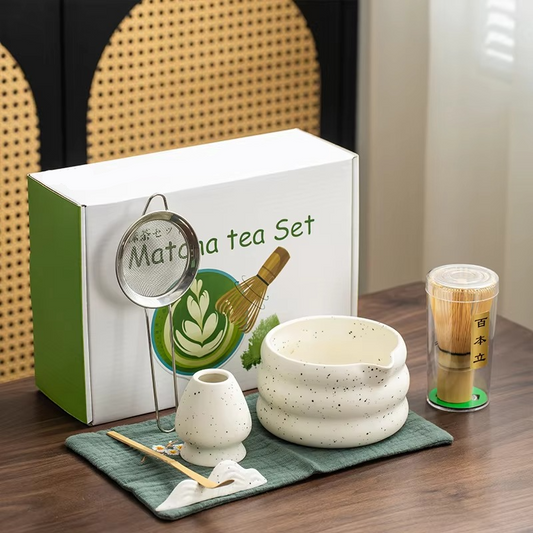 Authentic Green Tea Set with Ceramic Cup and Bamboo Spoon - Hehif
