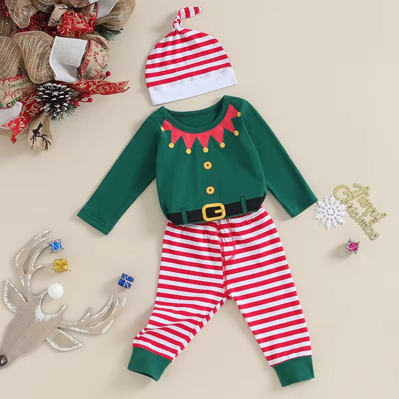 Soft Baby Holiday Romper Set with Stripe Pants and Hat