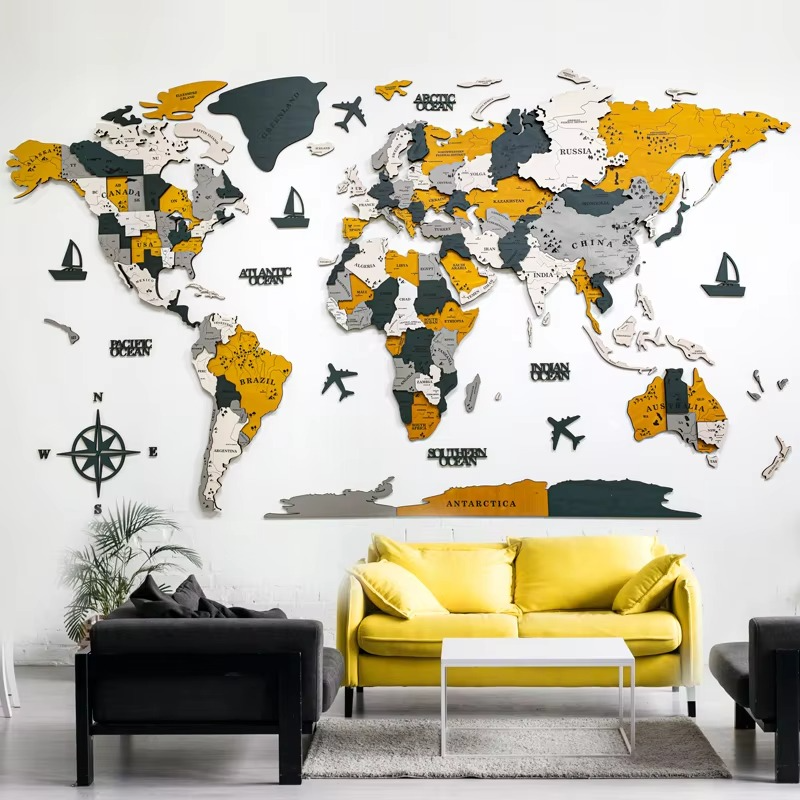 Large Wooden Globe Map Wall Decoration - Modern Home Accent