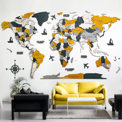 Large Wooden Globe Map Wall Decoration - Modern Home Accent