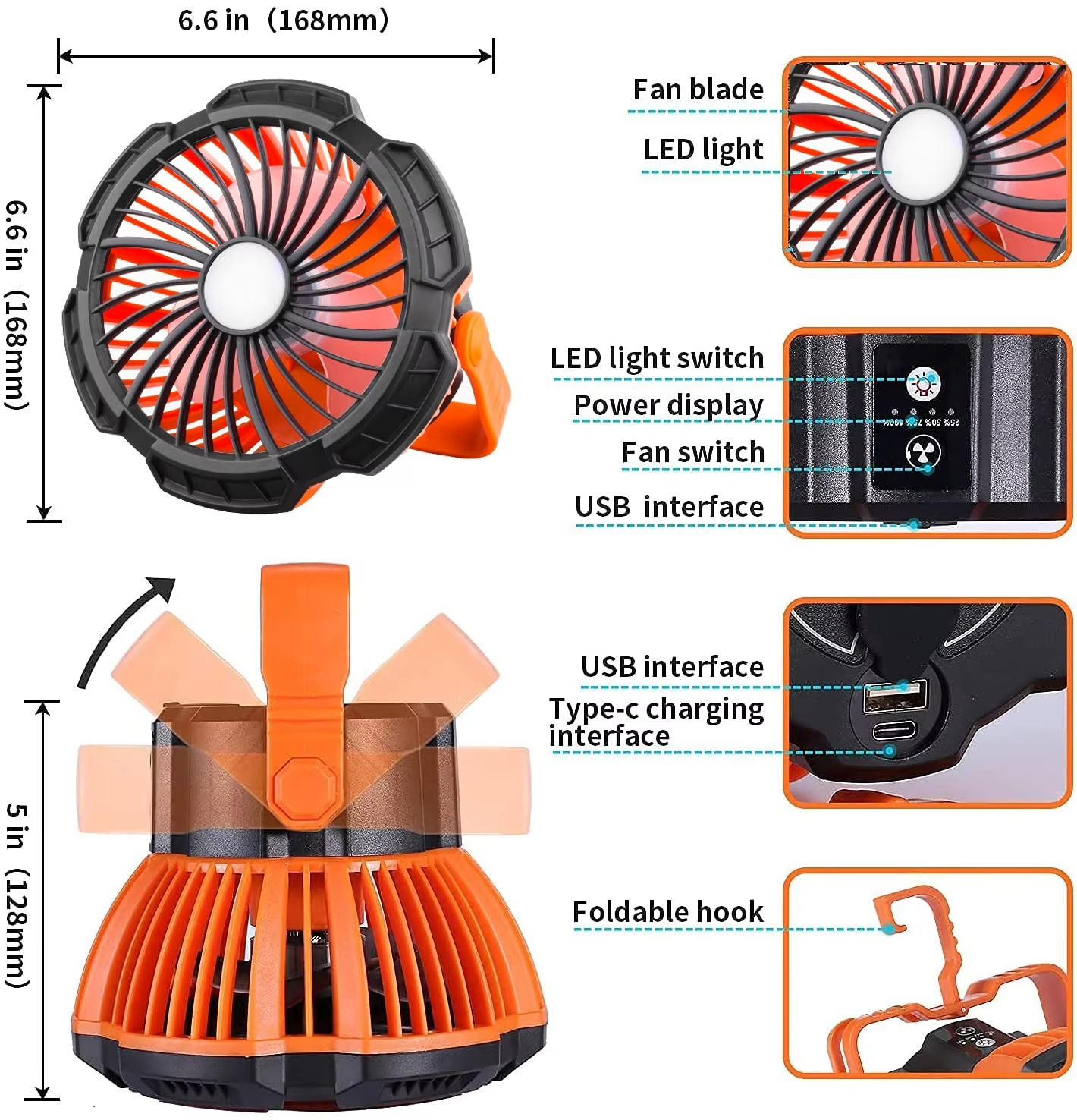 Portable Outdoor Fan with LED Light and Remote