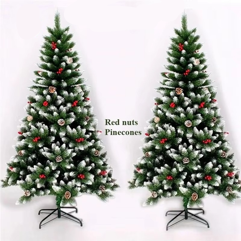 Realistic Christmas Tree with Snowy Pinecones and Red Ornaments