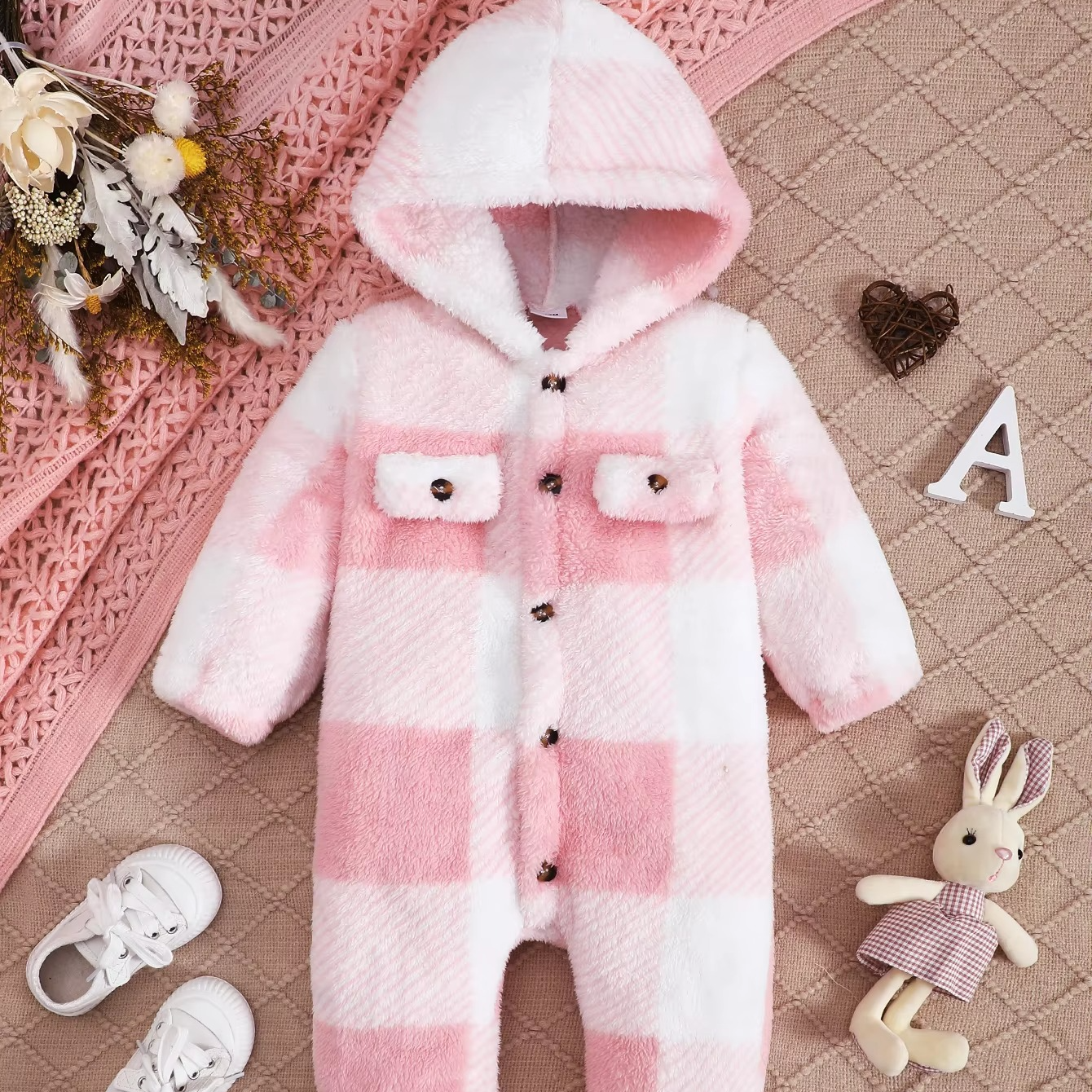 Soft Flannel Hooded Baby Romper for Boys and Girls